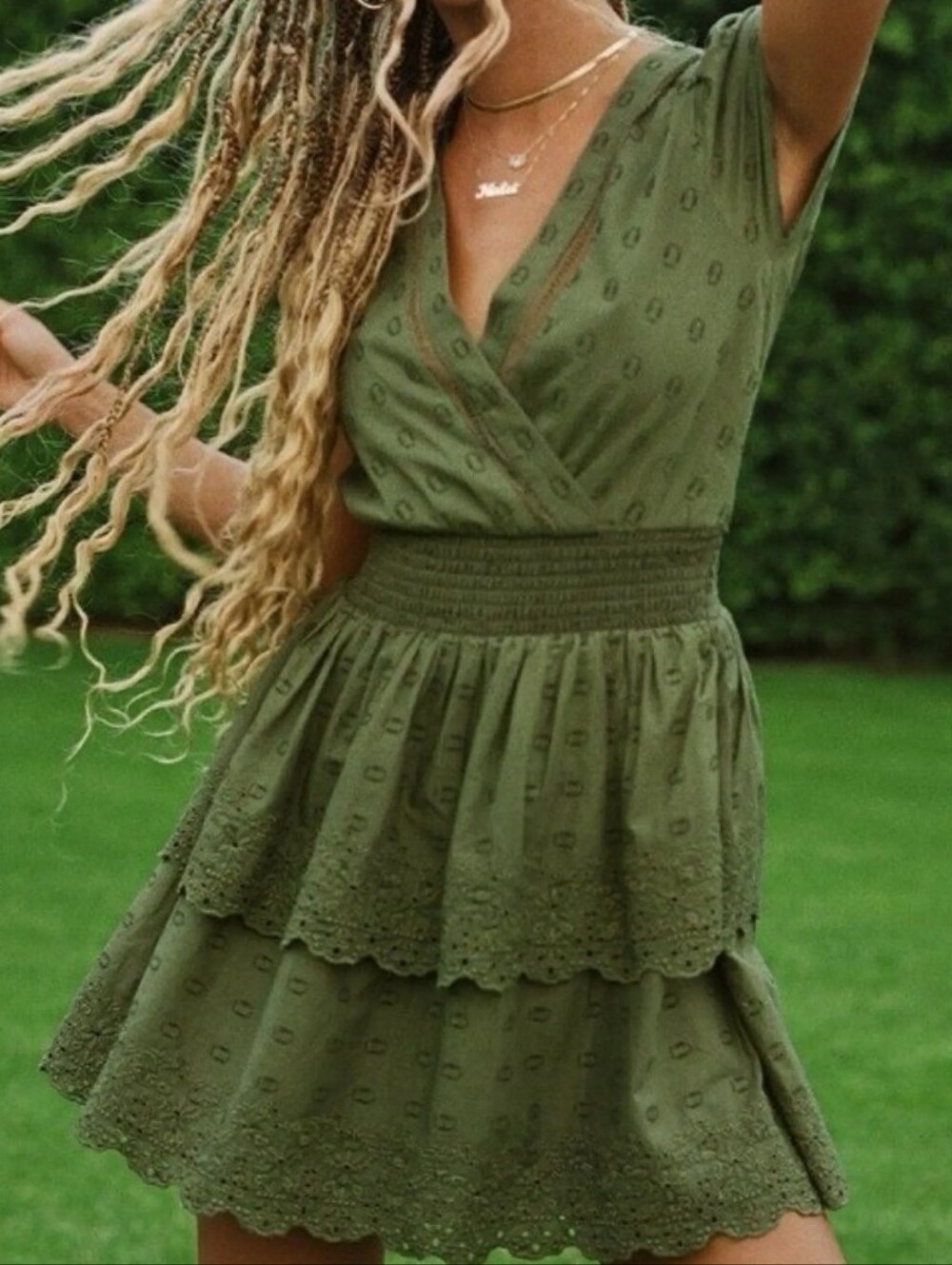American Eagle Olive Green Eyelet Embroidered Cotton Mini Dress | Smocked Waist